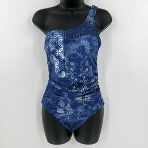 Garnet Hill‎ Floral One Piece One Shoulder Swimsuit Blue Ruched Sides Size 6